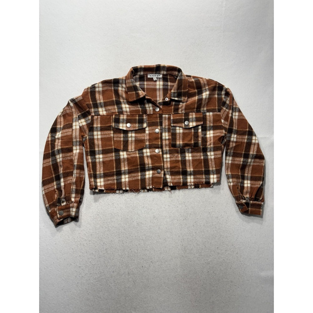 HYFVE Button Up Shirt Womens Medium Brown Plaid Cropped Flannel Snap HF22F416